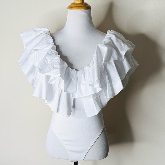 Zara White Ruffled Ribbed Bodysuit - Picture 2 of 8